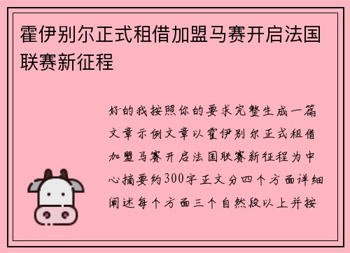 霍伊别尔正式租借加盟马赛开启法国联赛新征程