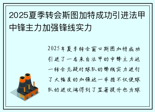 2025夏季转会斯图加特成功引进法甲中锋主力加强锋线实力