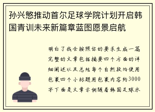 孙兴慜推动首尔足球学院计划开启韩国青训未来新篇章蓝图愿景启航