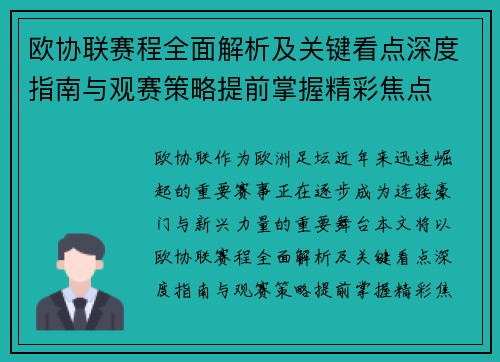 欧协联赛程全面解析及关键看点深度指南与观赛策略提前掌握精彩焦点