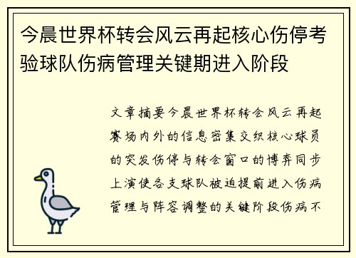今晨世界杯转会风云再起核心伤停考验球队伤病管理关键期进入阶段